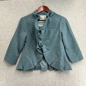 Tabitha Anthropologie Ruffle Front Peplum Blazer Teal Wool Blend Women Size 6